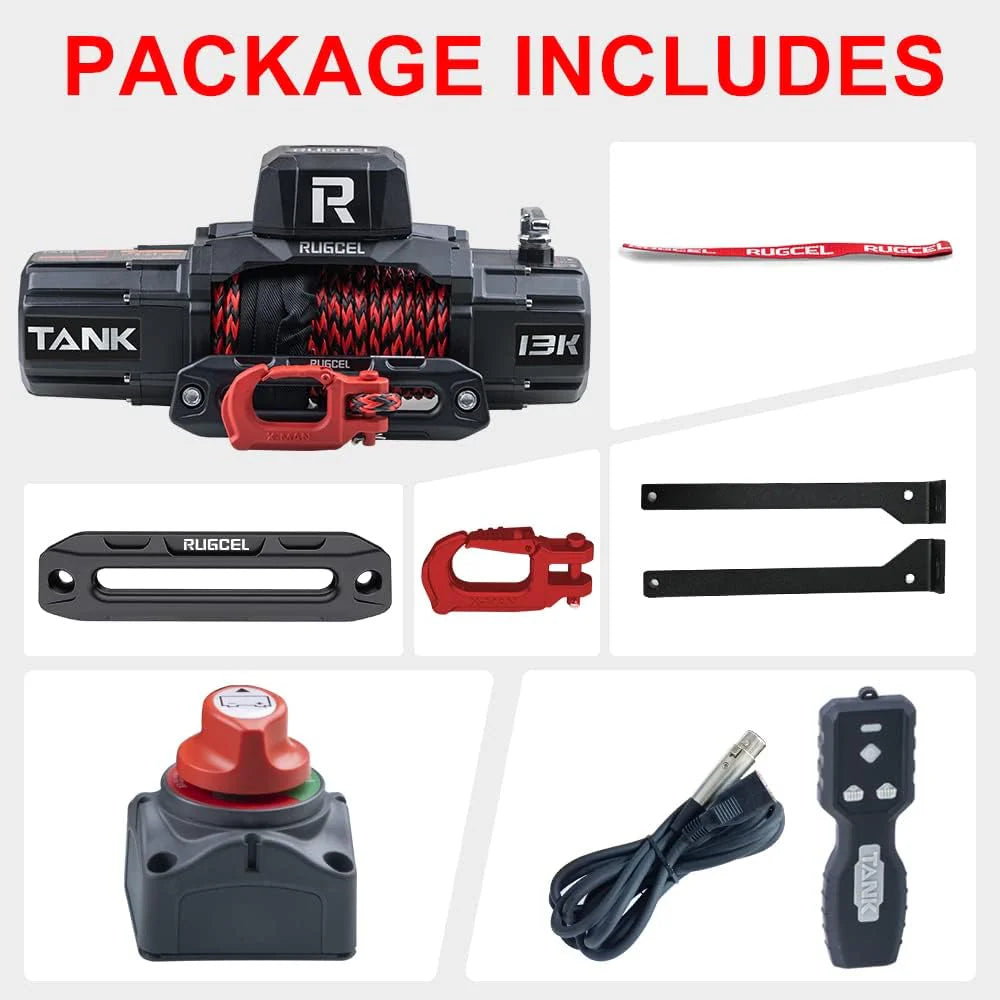 13500lb Waterproof Electric Red Synthetic Rope Winch with Hawse Fairlead, Wired Handle and 2 Wireless Remote (RED)