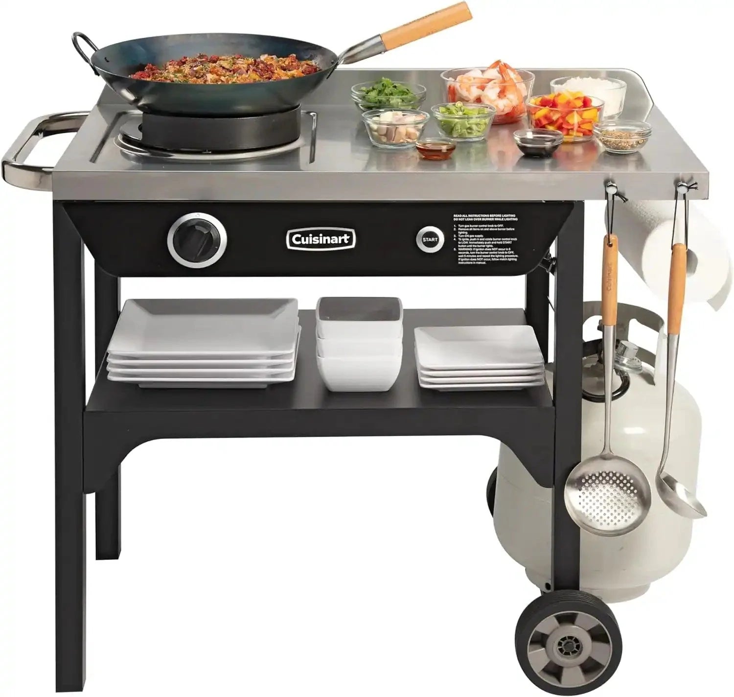 Cuisinart Outdoor Wok Station, 50,000 BTU Propane Outdoor Wok Burner w Prep Table, 14?测?? Carbon Steel Wok for Stir Fry, Searing, BBQ ?? Black