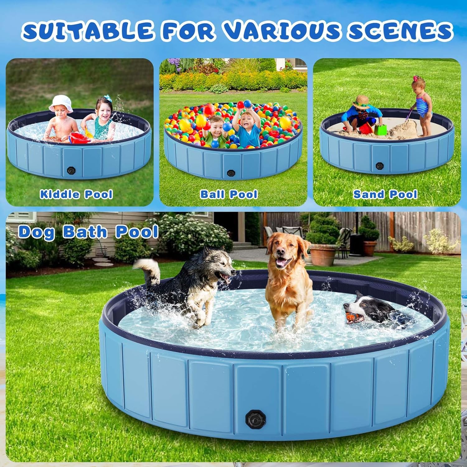 Foldable Dog Swimming Pool, 120x20 Oversize Collapsable Hard Plastic Potable Bathing Tub for Pet Dog Kiddie Pool Indoor and Outdoor Leakproof PVC Play Pool for Large Dogs Pets Puppy Kids Blue