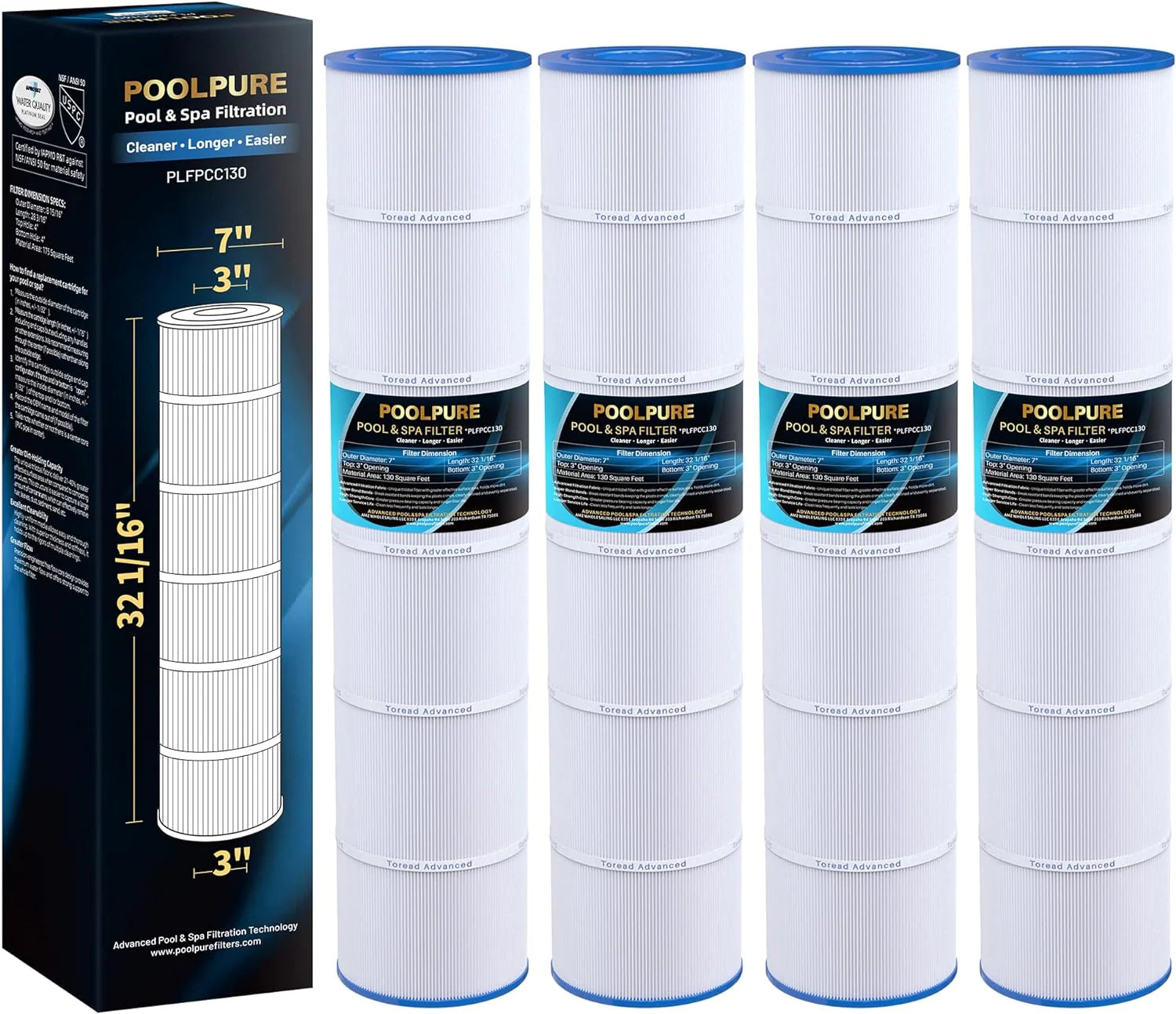 POOLPURE PLFPCC130 Pool Filter Replaces Pentair CCP520, R173578, PCC130, Ultral-A7, Unicel C-7472, Filbur FC-1978, FC-6475, Pentair Clean and Clear Plus 520, 817-0131, 178585, L x OD: 32 1/16x7