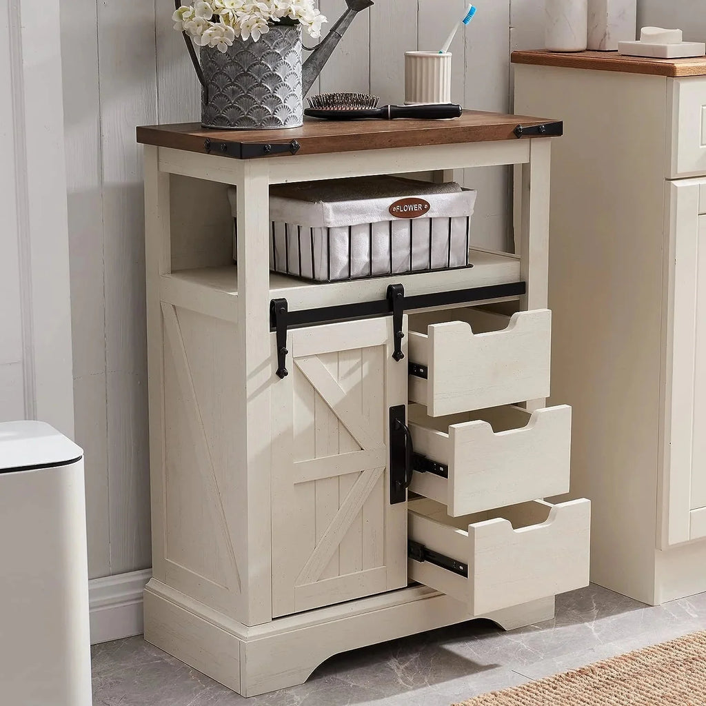 OKD Bathroom Floor Cabinet, Farmhouse Storage Cabinet with Sliding Barn Door & Storage Drawers