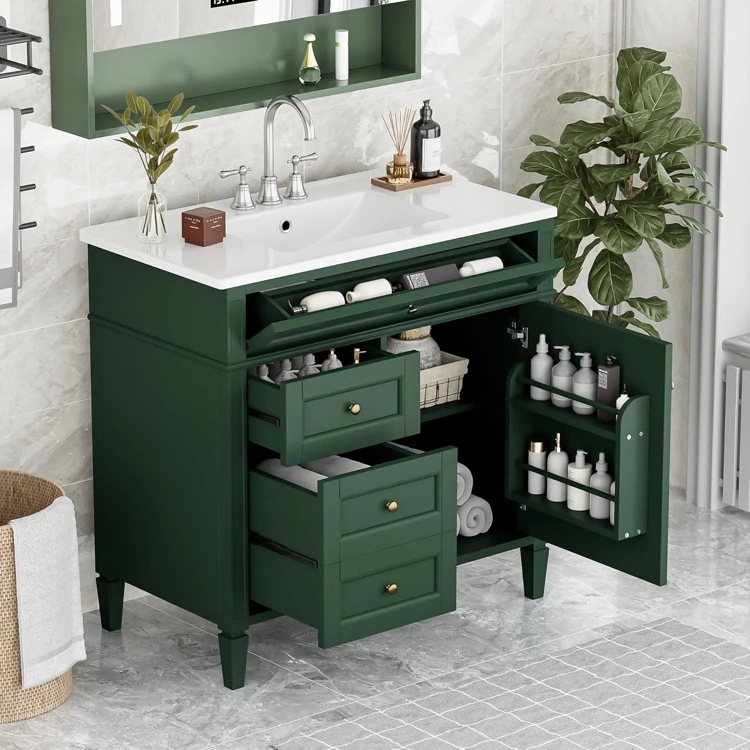 36 Bathroom Vanity with Single Sink Combo, Modern Undermount Bathroom Sink Cabinet with 2 Drawers and a Tip-Out Drawer, Freestanding Bathroom Vanities, Soft Closing, Solid Wood Frame