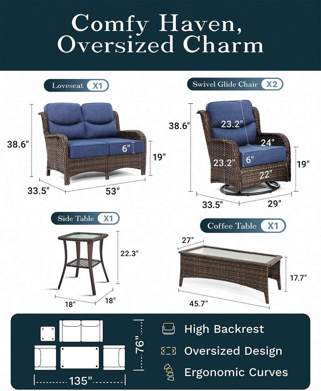 Outdoor Swivel Rocker Patio Chairs with 6-Inch Thick Cushions and Side Table, 3PCS High Back Wicker Patio Furniture Set for Porch, Balcony, Deck and Yard in Blue