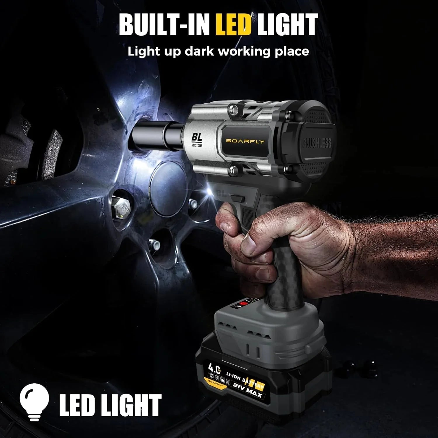 Cordless Impact Wrench, 1200Nm(900ft-lbs) High Torque 1/2'' Impact Wrench, 21V Brushless Electric Impact Gun with 2Pcs 4.0Ah Batteries, 1 Hour Fast Charger, 5 Sockets, Power Impact Driver for Car Home