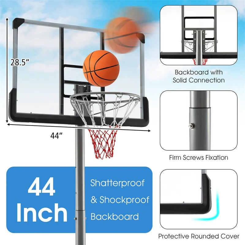 Portable Outdoor Basketball Hoop 64''-79'' Adjustable Poolside Basketball Goal System with 44 Backboard Wheeled Fillable Base