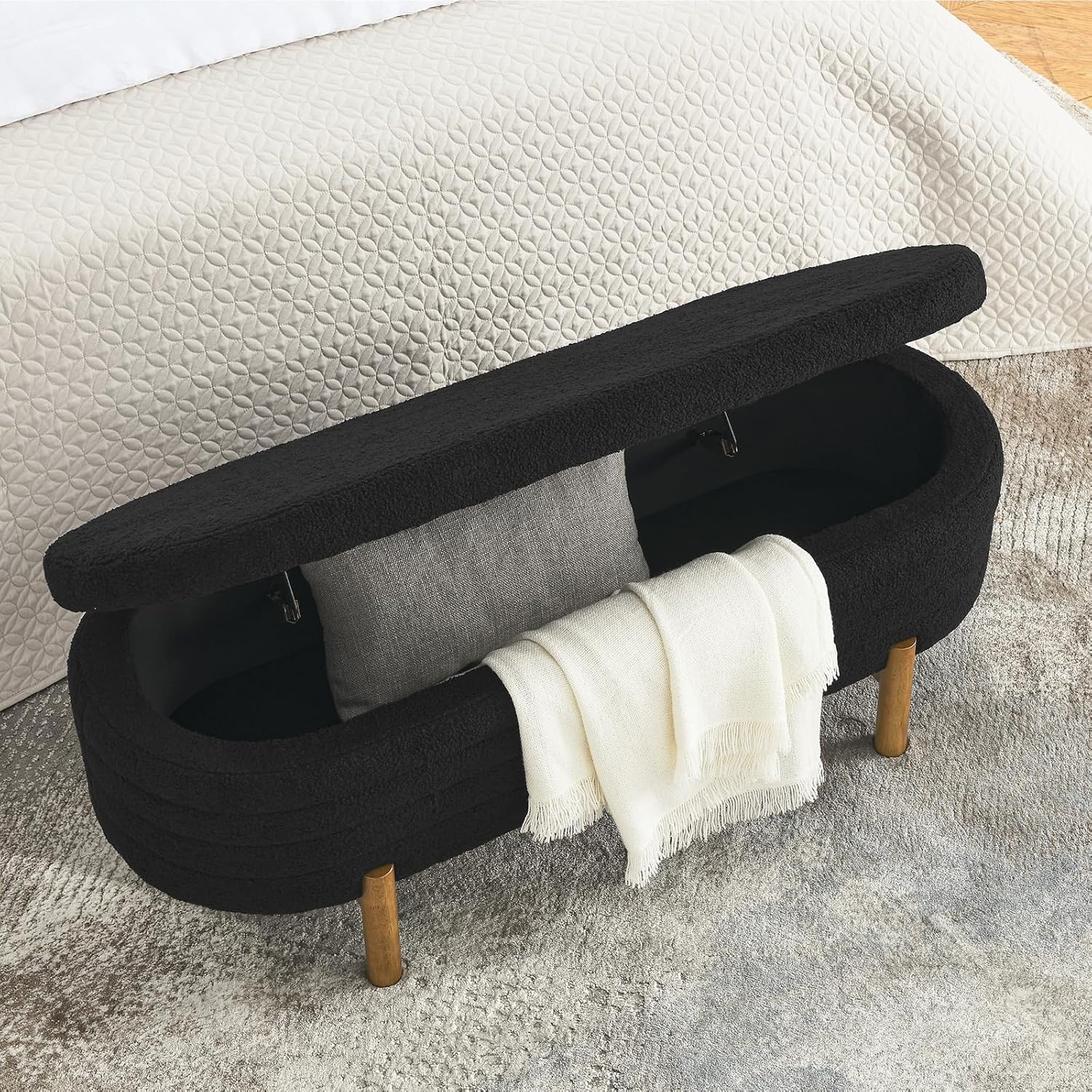Furniliving Modern Storage Ottoman Bench, Sherpa Ottoman End of Bed Bench with Solid Wood Legs Upholstered Ottoman Benches with Storage Indoor Bench for Living Room with Rolled Arm, Entryway, White