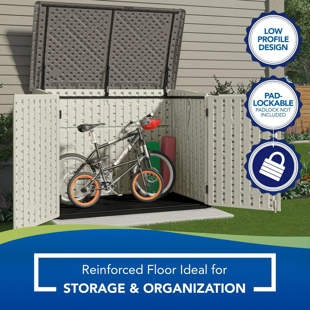 Suncast BMS4700 Resin Storage Shed, Off-White/Gray, 70.5′′W x 44.25′′D x 52′′H, Double Door, UV Resistant