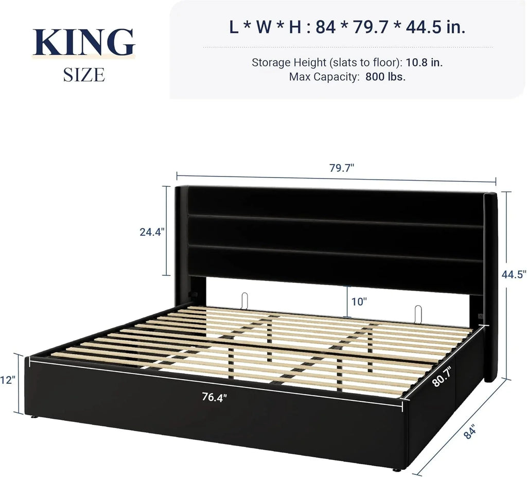 Allewie Queen Size Lift Up Storage Bed, Modern Wingback Headboard, Hydraulic Support, No Box Spring Needed, Light Beige