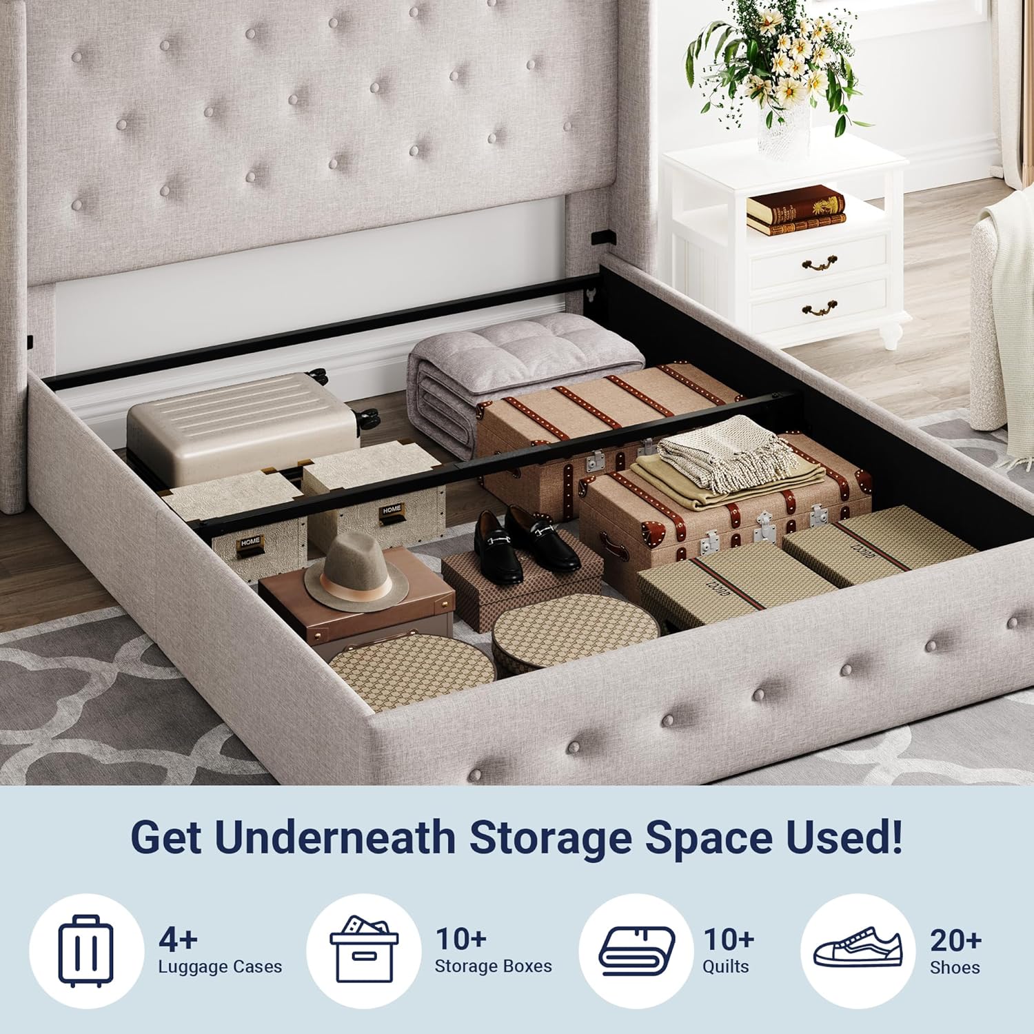 Allewie Queen Size Lift Up Storage Bed, Modern Wingback Headboard, Hydraulic Support, No Box Spring Needed, Light Beige