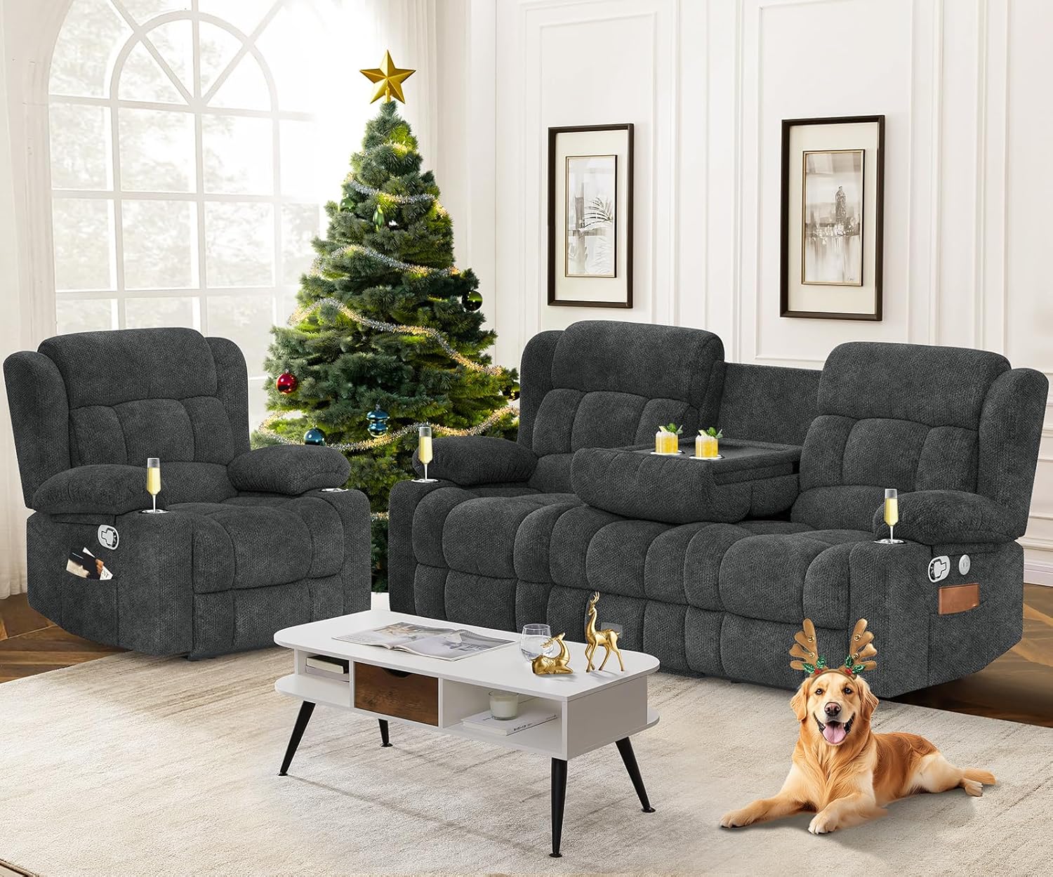 3 Seat Reclining Sofa with Storage Drawer USB Ports & Cup Holders Manual Couch