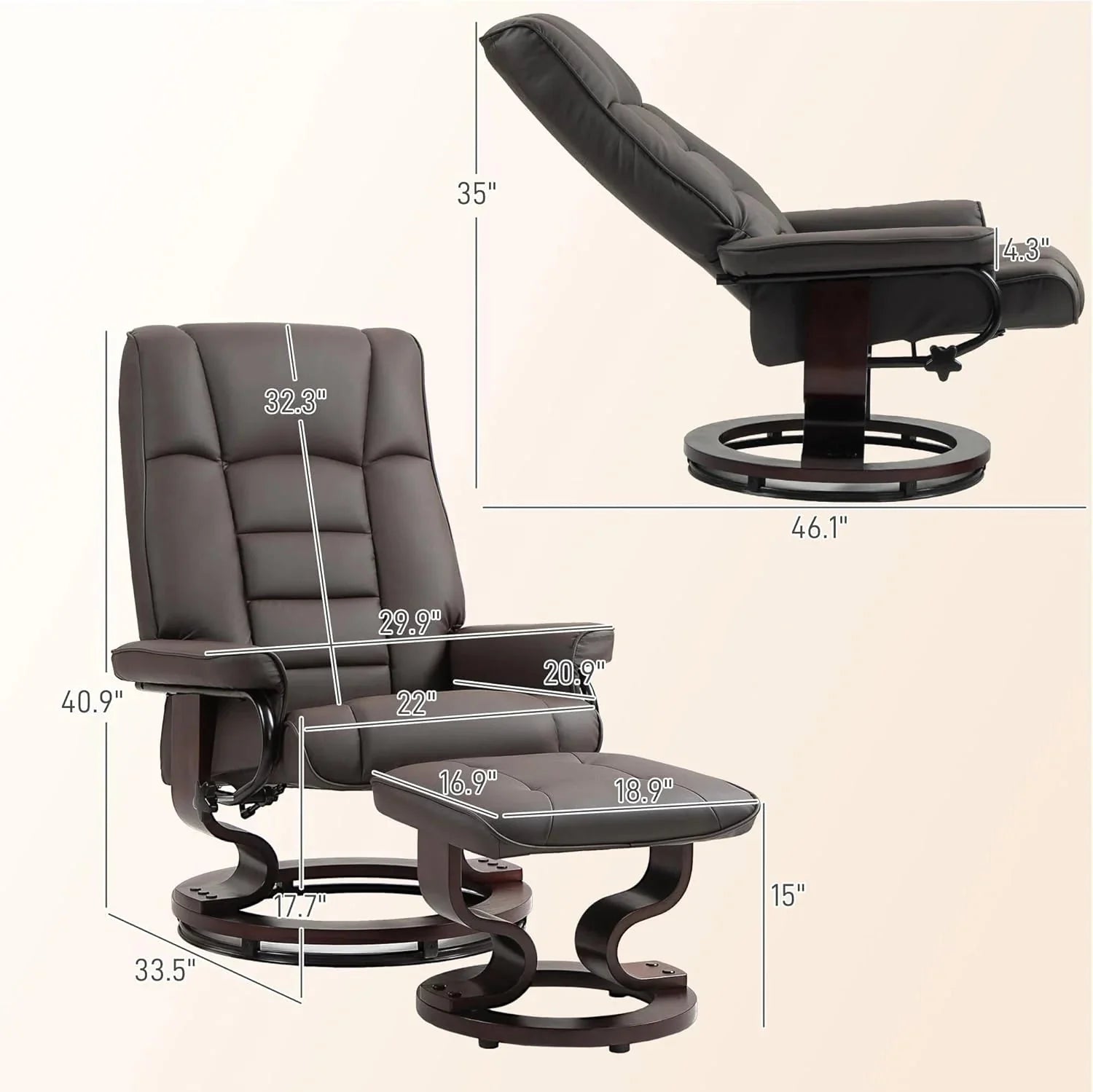 Faux Leather Recliner Chair with Swivel Ottoman High Back and Wood Frame Brown