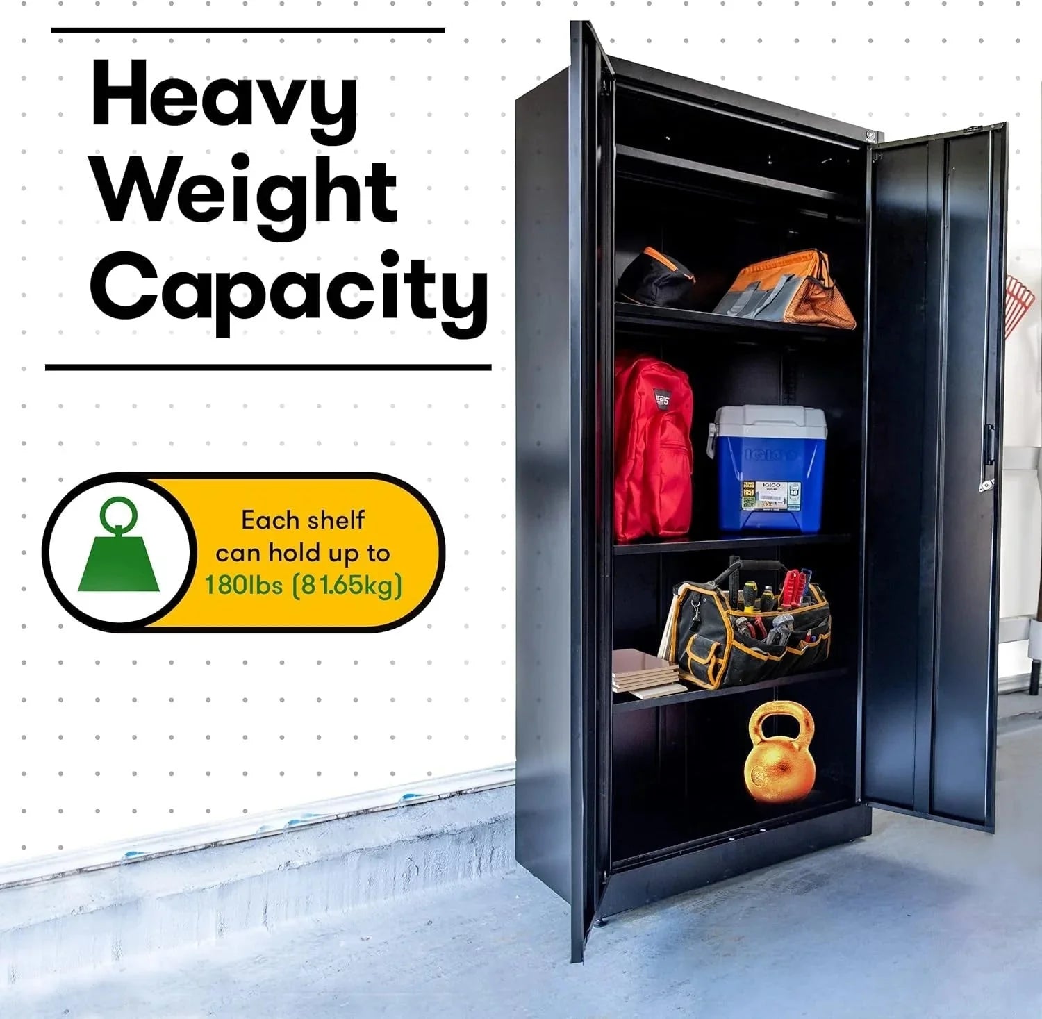 Heavy Duty Metal Garage Locker - 71 tall large steel multipurpose locker with adjustable shelves and door locks - black and silver