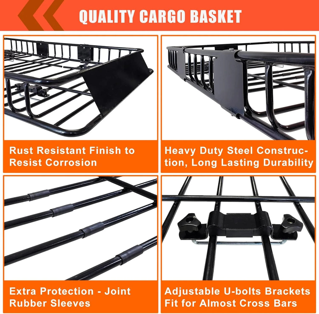 Folding hitch mounted cargo basket 60 With hook stabilizer, net and straps