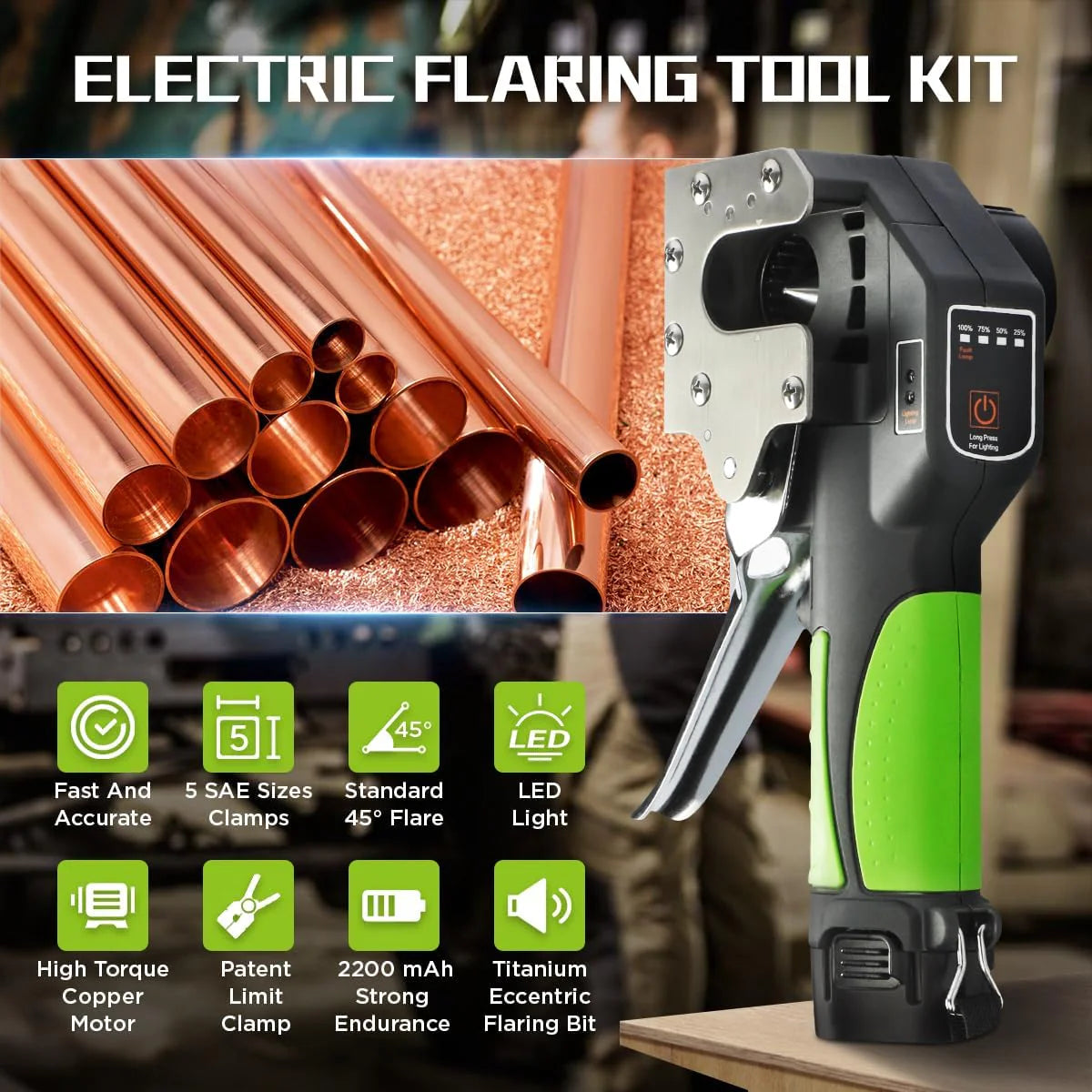 Electric Flaring Tool Kit, 1/4 - 3/4 Copper Flaring Tool Flare Gauge, 5 SAE Sizes Clamps 45° Eccentric Type Flare 2200 mAh