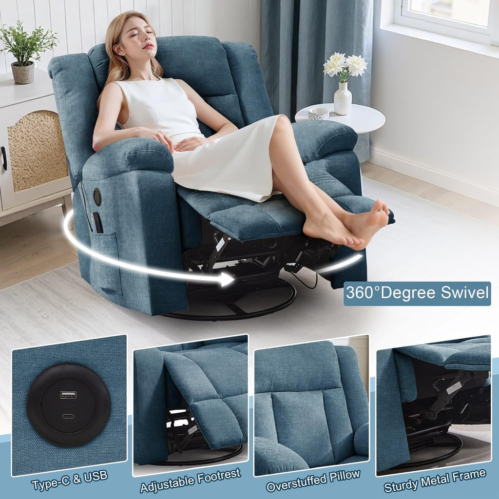 Rocker Recliner, Glider Recliner Chairs for Adults, 360° Swivel Rocking Chair with Massage and Heating, Nursery Chair with Storage and USB Charging for Living Room, Bedroom, Nursery