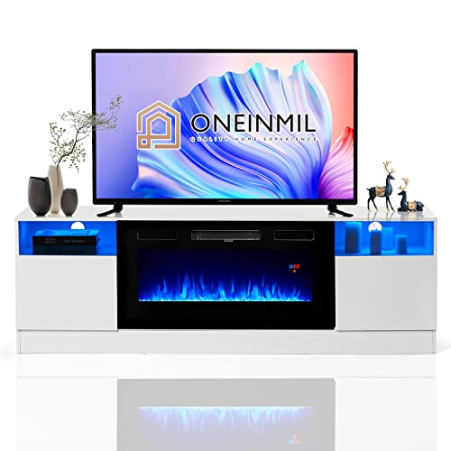 Oneinmil Fireplace TV Stand with 36 Electric Fireplace, LED Light Entertainment Center, Modern Wood, White