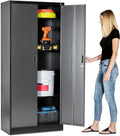 Heavy Duty Metal Garage Locker - 71 tall large steel multipurpose locker with adjustable shelves and door locks - black and silver