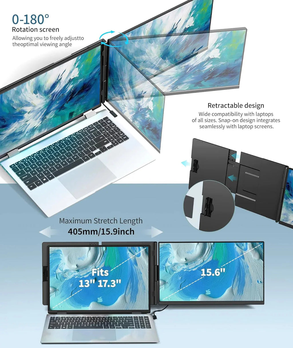 Laptop Screen Extender - 15.6 FHD 1080P Portable Monitor for Laptop, Detachable & Plug and Play Dual Laptop Monitor Extender for 13-17.3 Laptops, Compatible with Wins/Mac/Android/Chrome