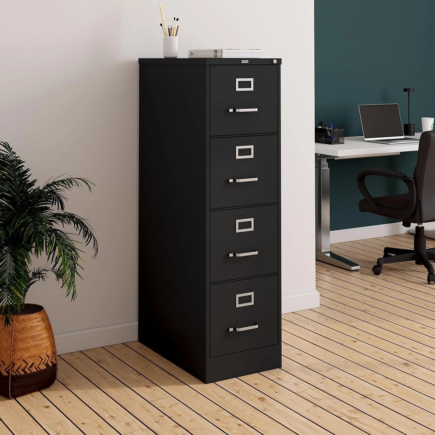 STAPLES 4-Drawer File Cabinet, Lockable, Black, 25D x 15W