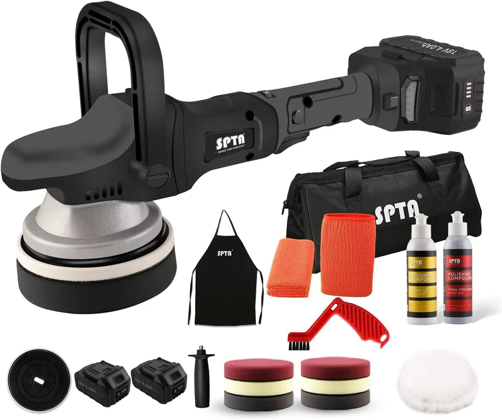 18V Cordless Car Polisher, 15mm Orbit 2000-4800 OPM Portable Buffer Polisher with 7 Variable Speed 2Pcs 4.0Ah Battery, 6 Sponge Pads,2 Wool Pad, Tool Bag for Car Polishing, Waxing