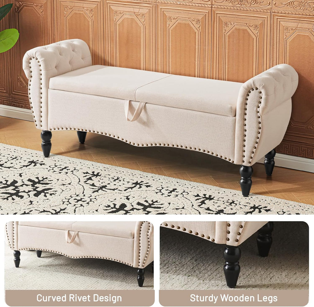 Furniliving Modern Storage Ottoman Bench, Sherpa Ottoman End of Bed Bench with Solid Wood Legs Upholstered Ottoman Benches with Storage Indoor Bench for Living Room with Rolled Arm, Entryway, White