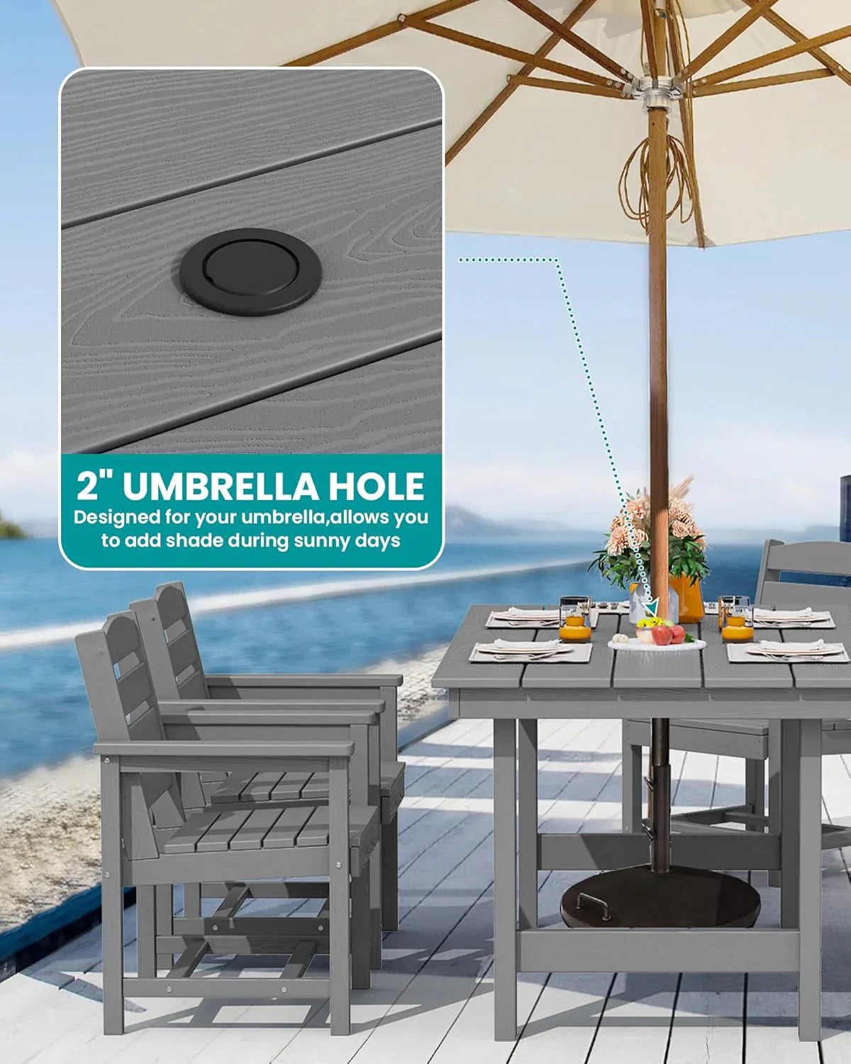 SERWALL 7-Piece Patio Table Set, Outdoor HDPE Dining Furniture with Umbrella Hole, All Weather Table and Chairs for Lawn, Garden, Poolside, Aruba