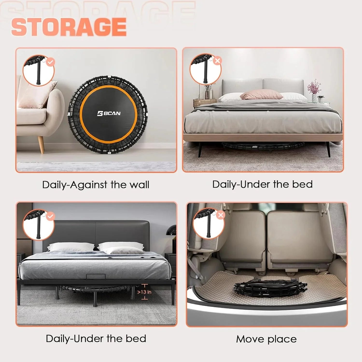 BCAN 450/550 LBS Foldable Mini Trampoline, 40/48 Fitness Trampoline with Bungees, U Shape Adjustable Foam Handle, Stable & Quiet Exercise Rebounder for Adults Indoor/Outdoor Workout