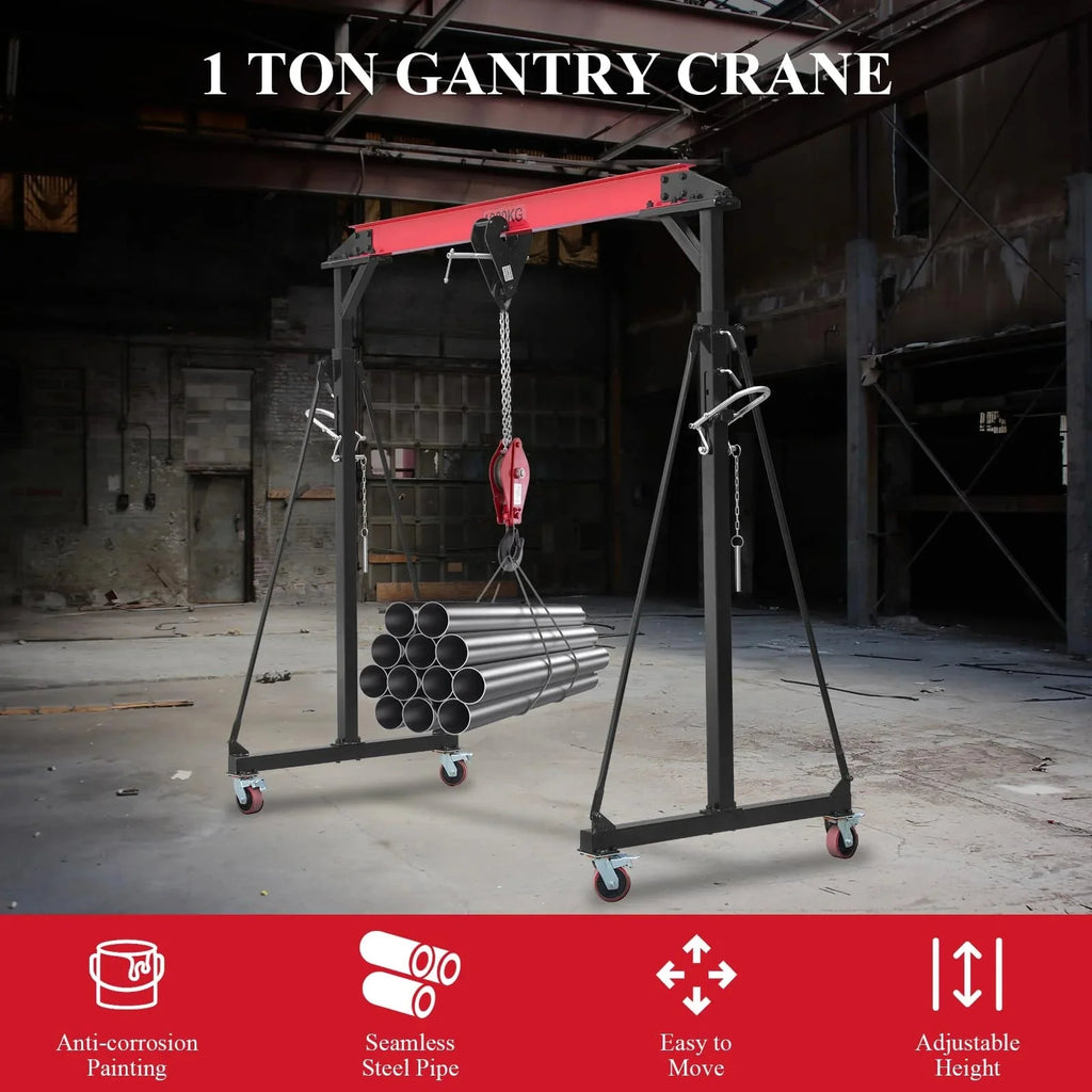 Garvee 1 Ton Adjustable Gantry Crane, 2200 lbs Capacity, Height Adjustable 96.5-143.7, Portable Hoist for Factory, Construction, Warehouse, Auto Repair