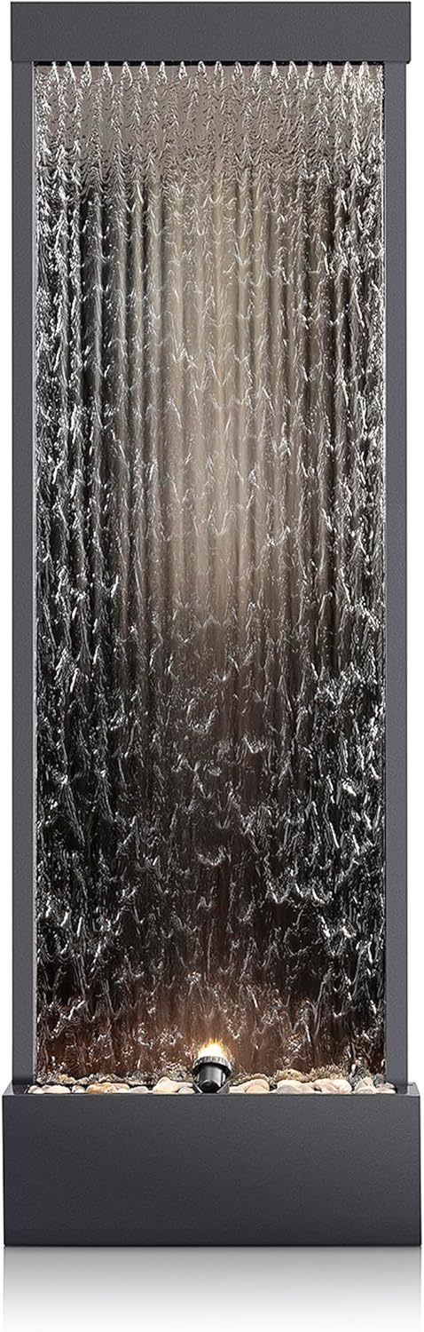 Alpine Mirror Waterfall Fountain with Stones & Lights, 72, Indoor/Outdoor Zen Decor