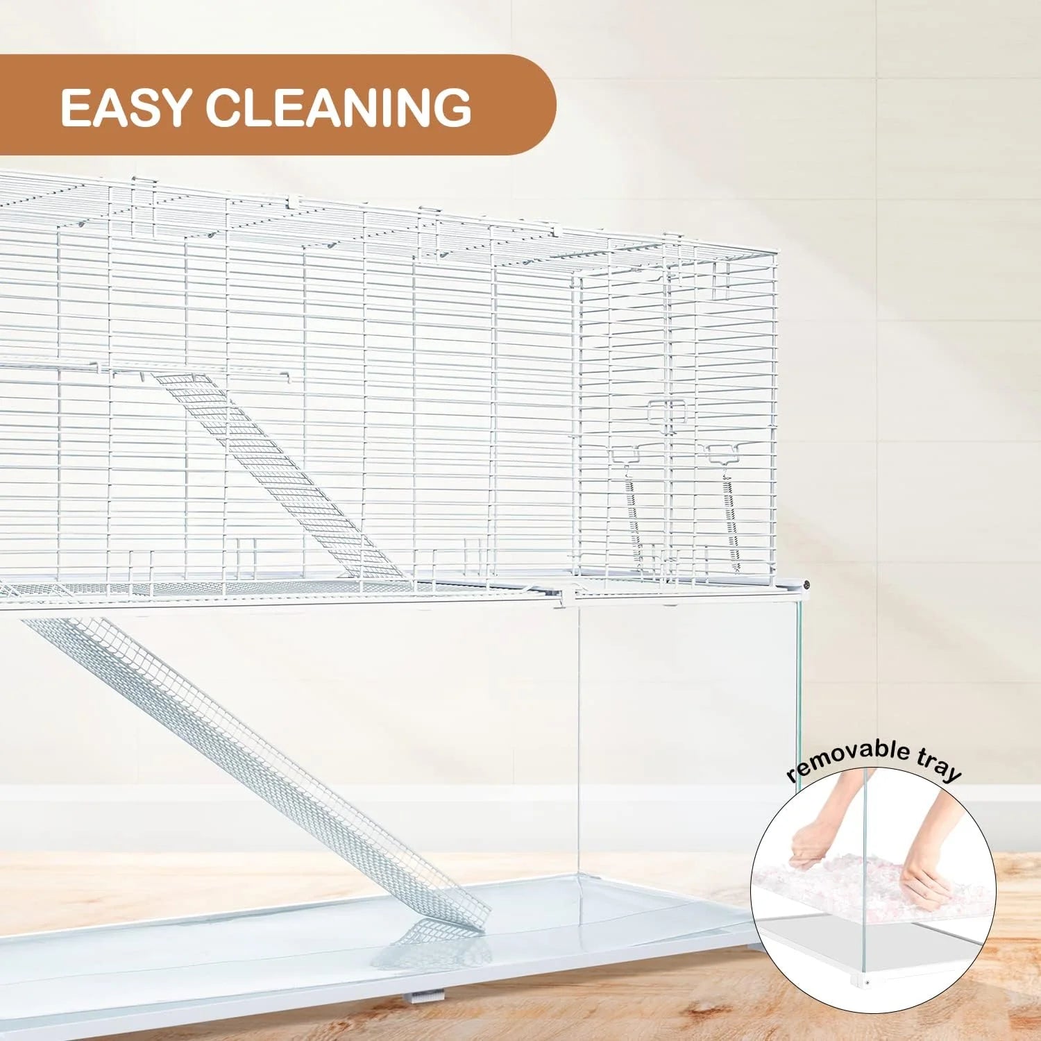 3 Tiers Large Hamster Cages, Glass Hamster Cage Habitat with Openable Wire Topper, Gerbil Cage with Two Ladders Ramps and Removeable Waterproof PVC Tray, Easy to Clean