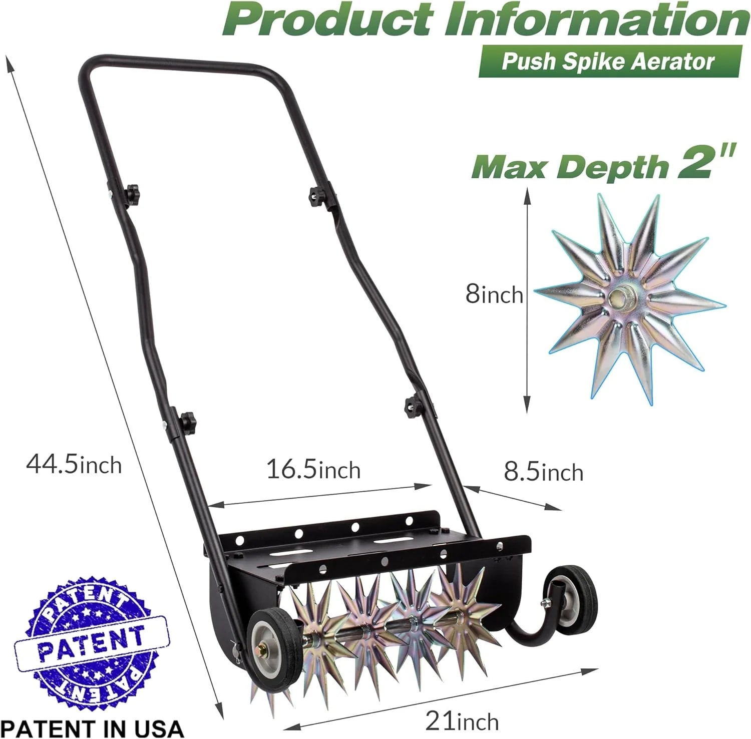 18-Inch Push Spike Aerator, Heavy Duty Rolling Lawn Aerator, Rotary Spike Lawn Aerator, Manual Lawn Aeration Equipment with Steel Handle, Suitable for Lawn, Garden, and Yard Grass Aeration