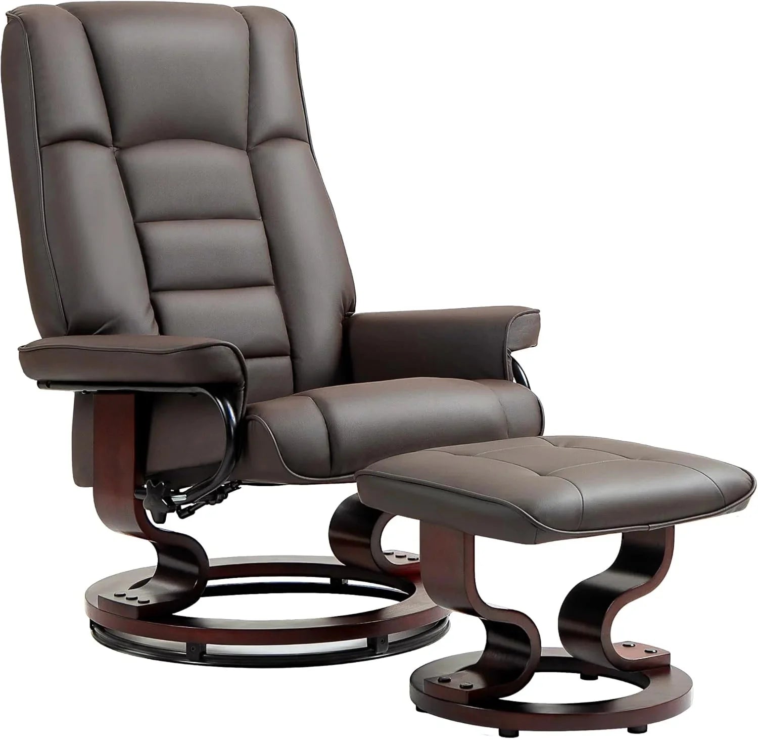 Faux Leather Recliner Chair with Swivel Ottoman High Back and Wood Frame Brown