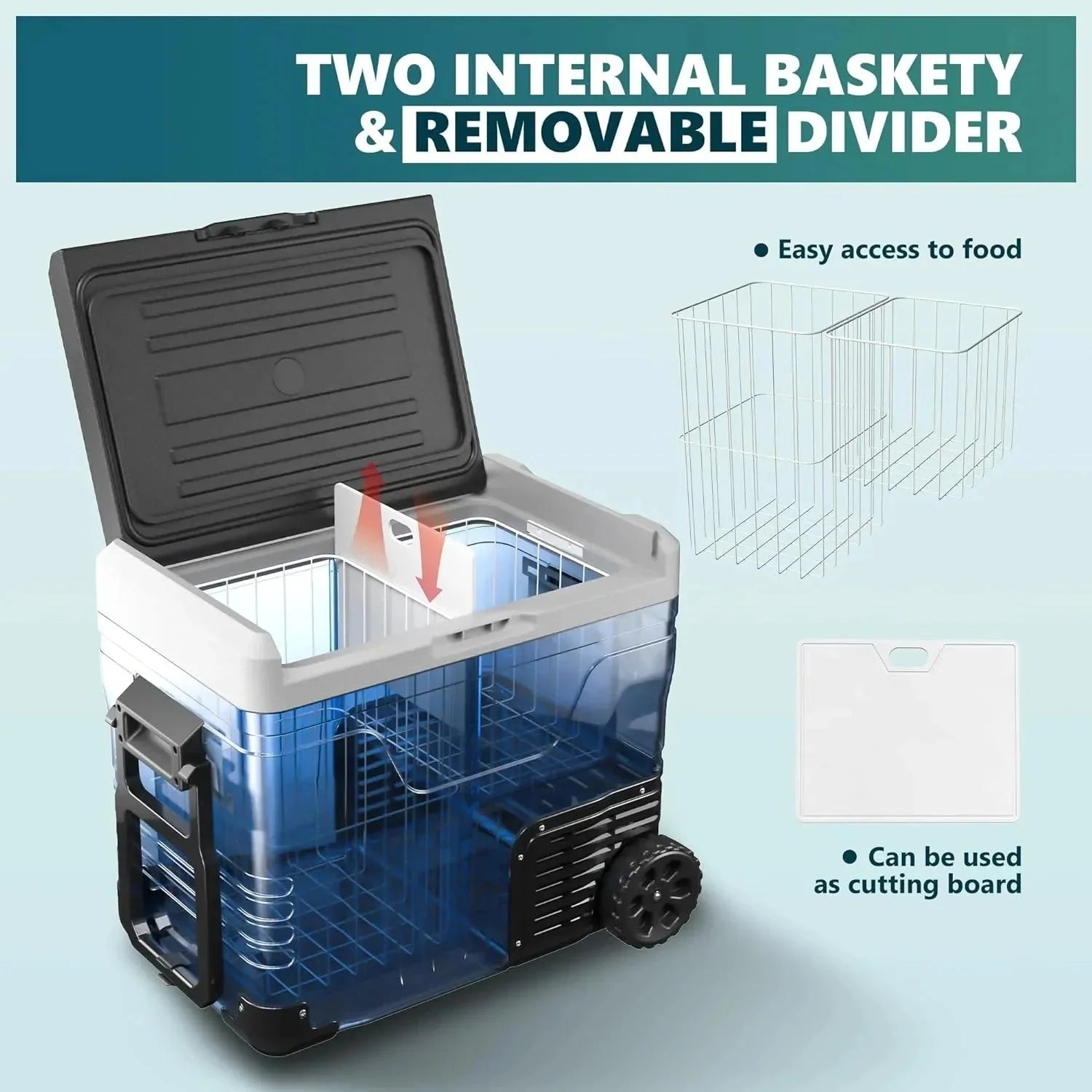 12 Volt Refrigerator, 53QT(50L) Electric Cooler, Portable Freezer 12V/24V DC 110-240V AC, 12V Fridge -4 ~68 , 12V Cooler with Wheels & 2 Baskets for Travel, Truck, Boat, Camping