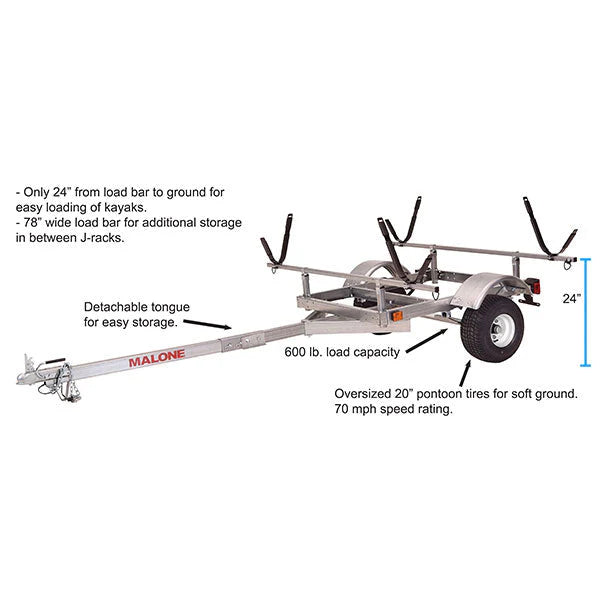Malone LowMax 2 Kayak Trailer, 600 lb Capacity, Galvanized Steel, J/V Racks, LED Lights, USA Made
