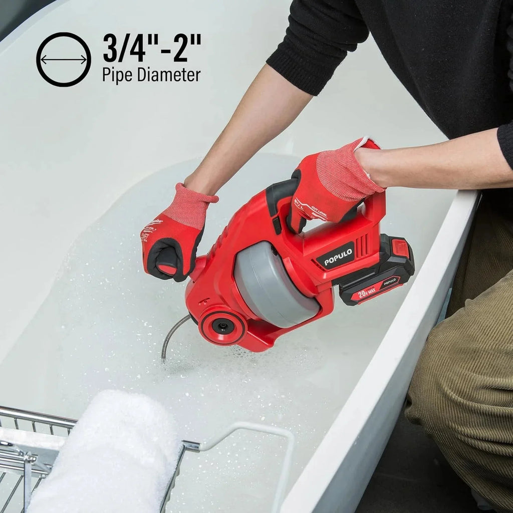 POPULO 20V Cordless Electric Drain Auger-Efficient 25Ft Auto-Feed Drain Snake with Replaceable Cable,2.0Ah Battery,Charger,Storage Bag & Gloves for Kitchen,Bathroom,Shower Pipes (3/4-2)