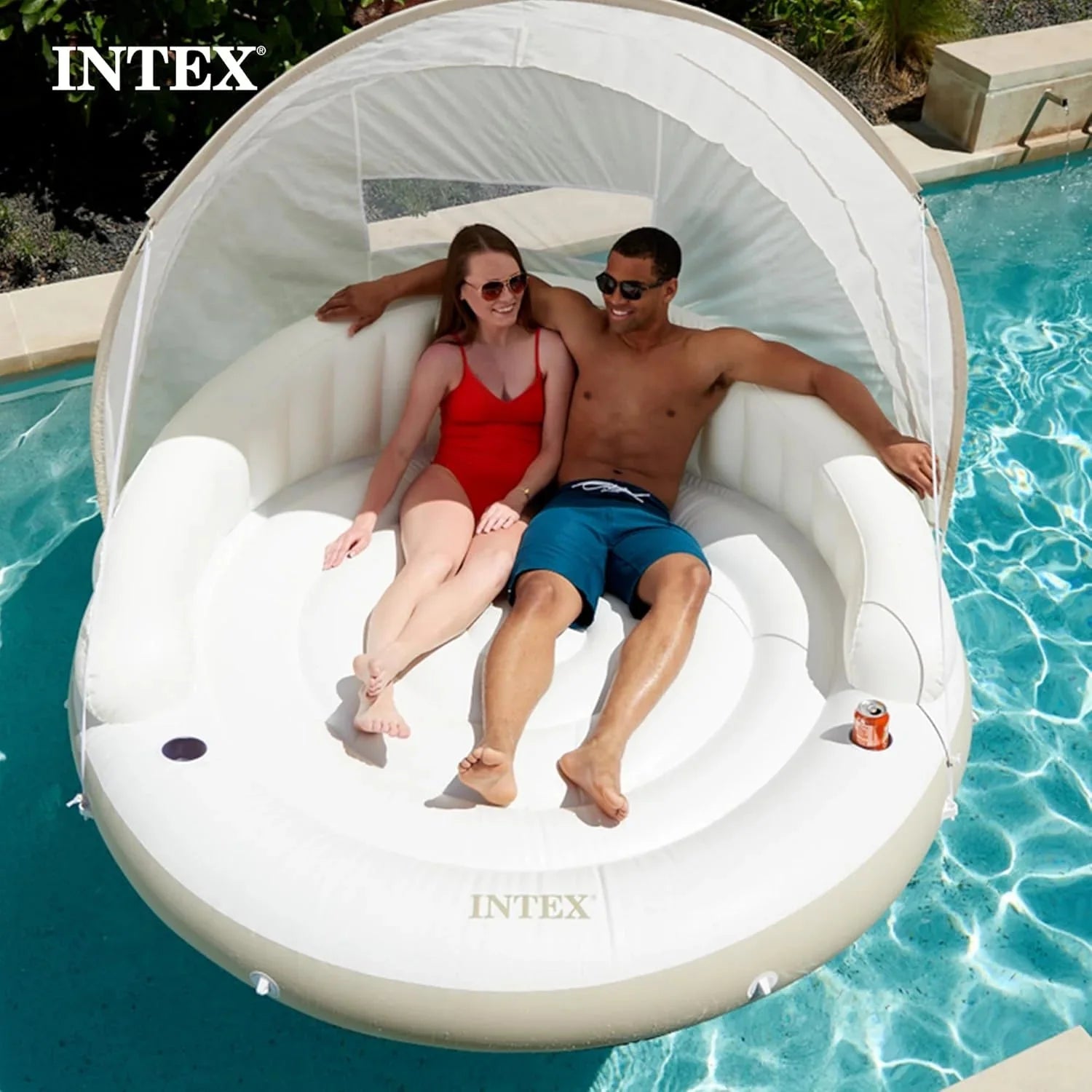 58292EP Canopy Island Inflatable Pool Float: Comfortable Lounge Surface – Built-in Cup Holders – Detachable Sunshade – 440lb Max Weight Capacity – 78.5 x 59