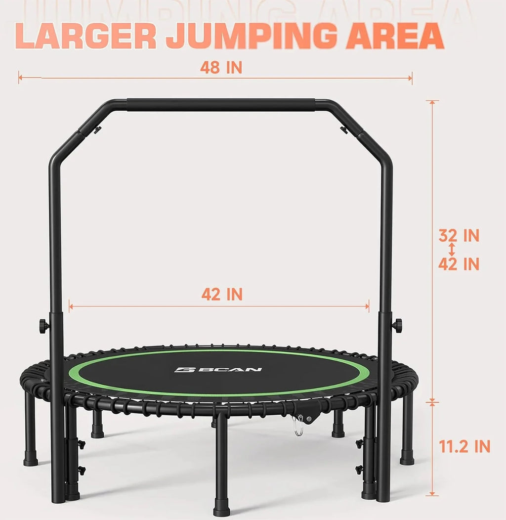 BCAN 450/550 LBS Foldable Mini Trampoline, 40/48 Fitness Trampoline with Bungees, U Shape Adjustable Foam Handle, Stable & Quiet Exercise Rebounder for Adults Indoor/Outdoor Workout