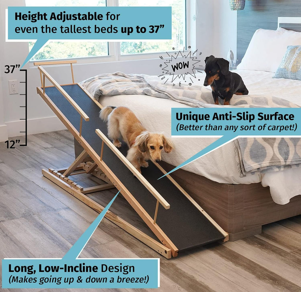 Dog Ramp for Beds - Adjustable up to 37 High Beds with Low Incline, Safety Rails & Anti-Slip Grip, for Small Dogs up to 50lbs - Solid Hardwood, Made in North America