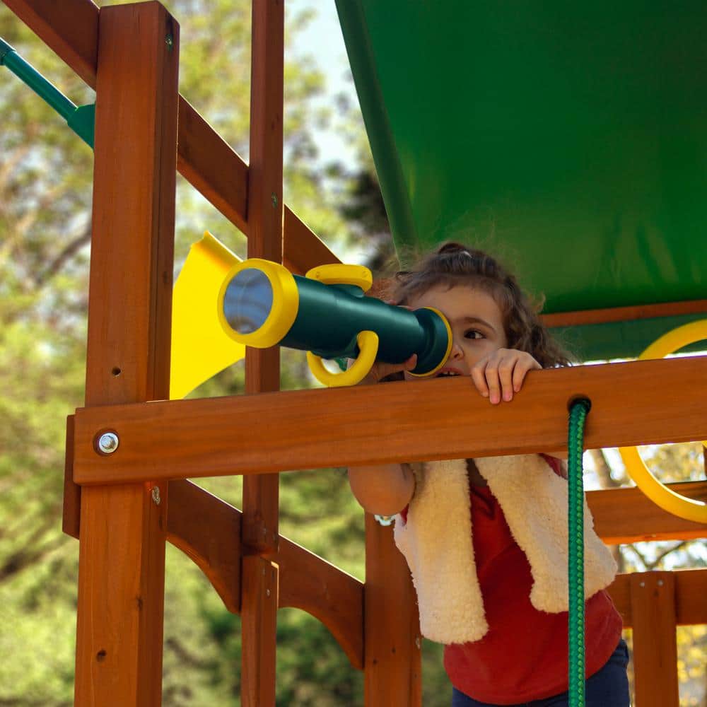 DIY Outing III Wooden Outdoor Playset with Tarp Roof, Rock Wall, Wave Slide, Swings, and Backyard Swing Set Accessories