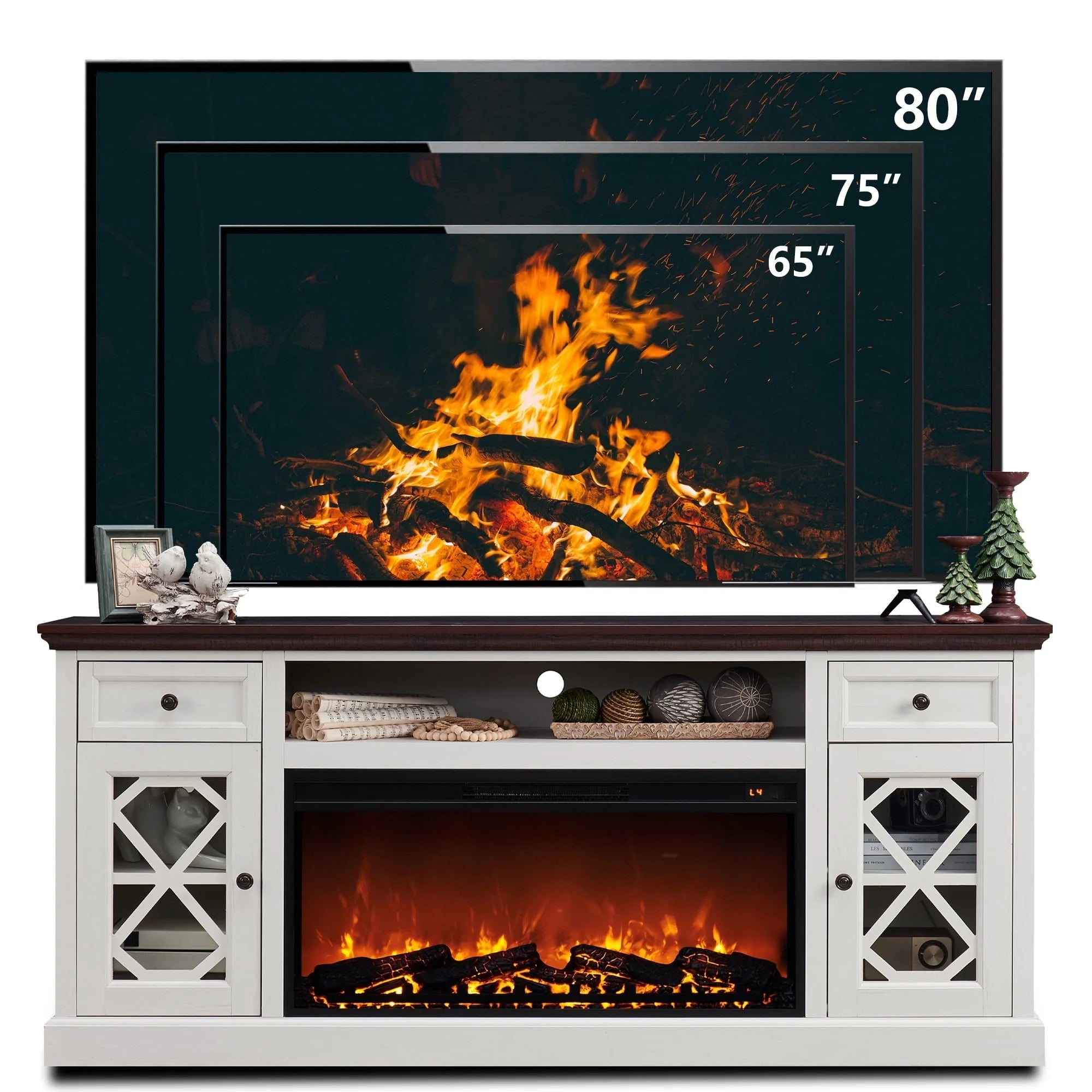 SinCiDo Farmhouse Fireplace TV Stand with 36 Electric Fireplace for 80 Inch TVs, 31 Tall Entertainment Center w/Drawer & Diamond Panel Door, Highboy Media Console for Living Room, 70inch, White