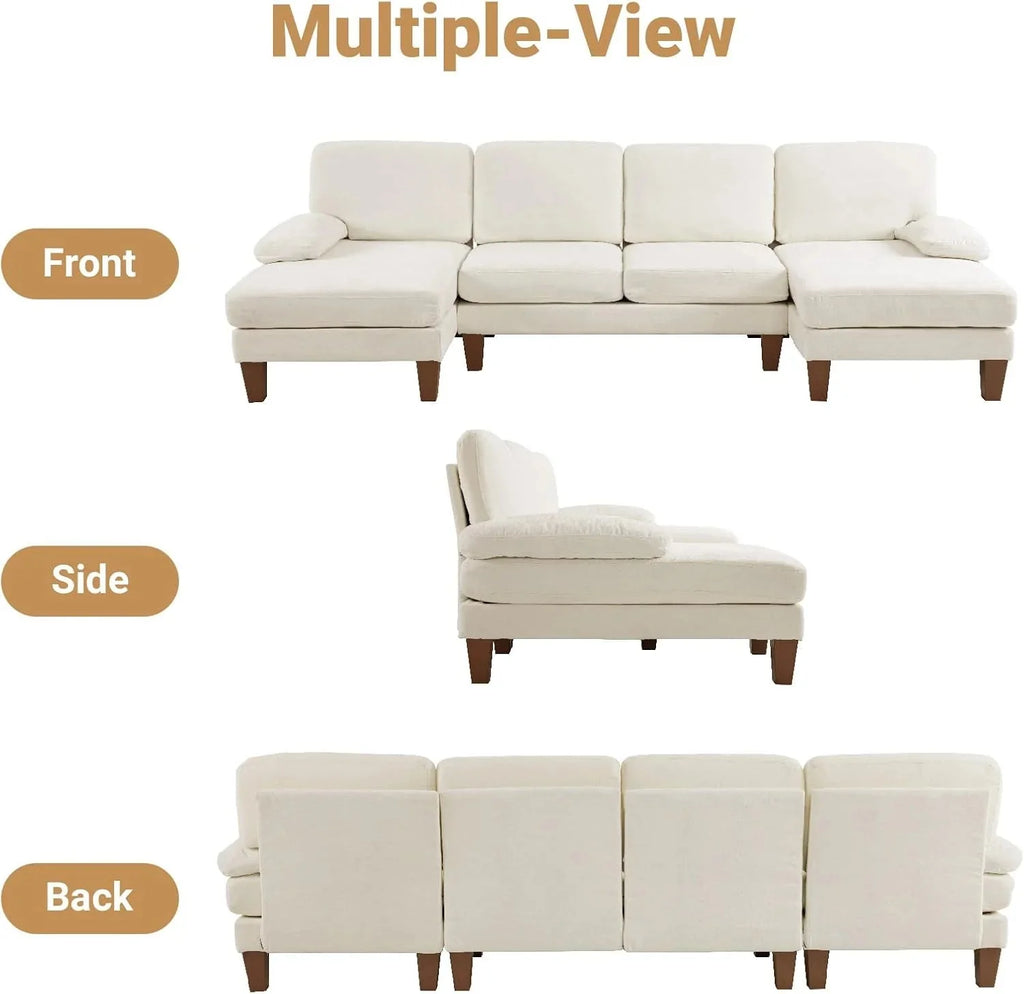 VINGLI 110 Sectional Couches for Living Room,U Shaped Couch with Double Chaise, 4-Seat Sofa Set with Chenille Fabric for Home Furniture,Beige