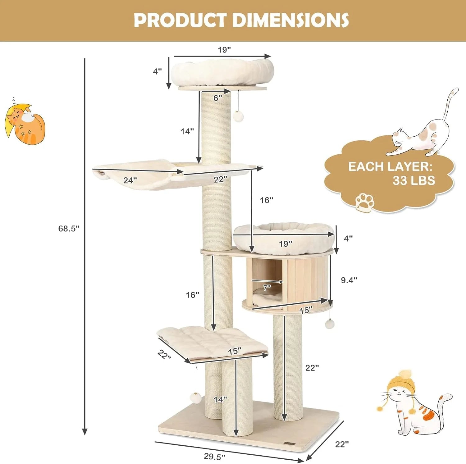 Large cat tree, multi-level tower with sisal posts, hammock, hanging basket and removable washable mats, perfect for large cats