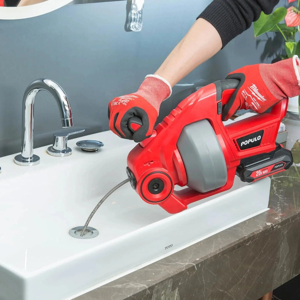 POPULO 20V Cordless Electric Drain Auger-Efficient 25Ft Auto-Feed Drain Snake with Replaceable Cable,2.0Ah Battery,Charger,Storage Bag & Gloves for Kitchen,Bathroom,Shower Pipes (3/4-2)