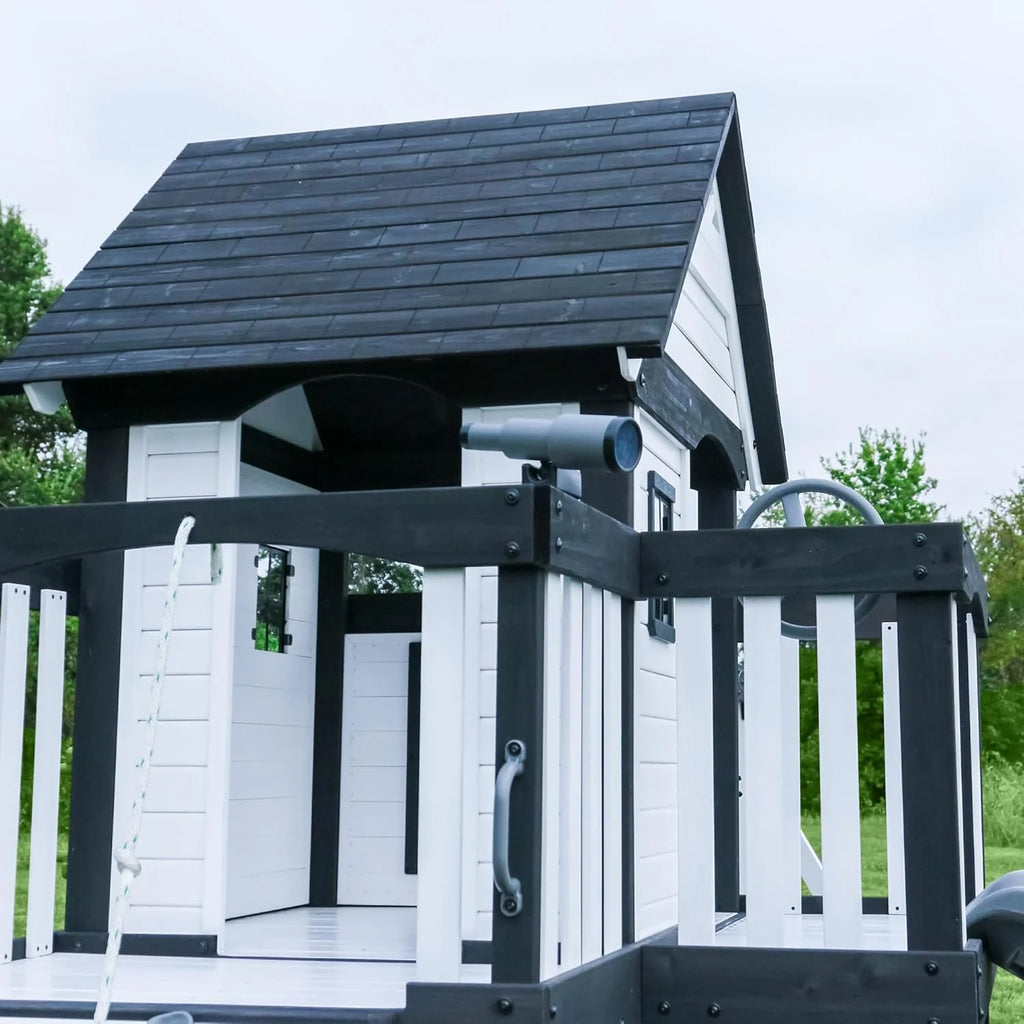 Canyon Creek Cedar Wood Swing Set with Wave Slide, Clubhouse, Play Kitchen, Picnic Area, Belt Swings, Web Swing, Rock Wall, Balconies, Playhouse, Step Ladder, Outdoor Playset