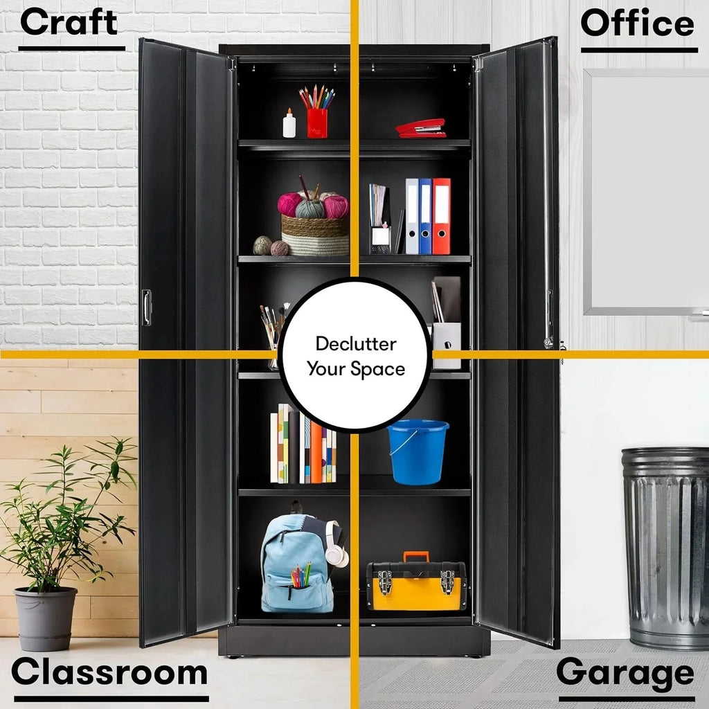 Heavy Duty Metal Garage Locker - 71 tall large steel multipurpose locker with adjustable shelves and door locks - black and silver