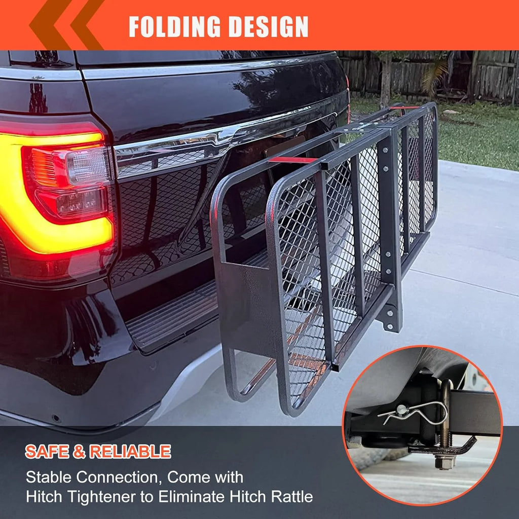 Folding hitch mounted cargo basket 60 With hook stabilizer, net and straps