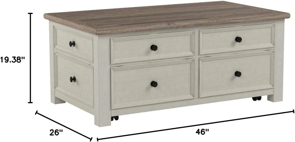 Ashley Bolanburg Lift Top Coffee Table with Drawers, Antique Cream & Brown