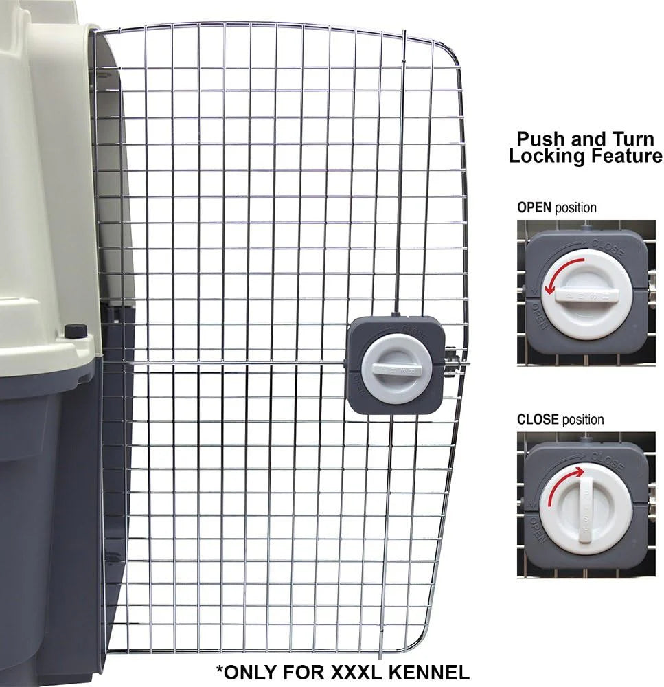 SportPet Designs Plastic Kennels Rolling Plastic Airline Approved Wire Door Travel Dog Crate, XXX-Large, Gray