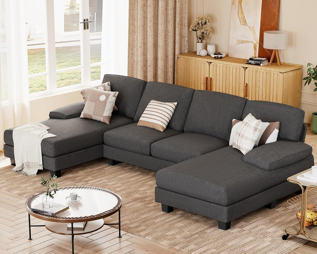 JUMMICO Sectional Couches for Living Room, U Shaped Couch with Chenille Fabric, 4 Seat Modern Sofa with Removable Pillows for Apartment and Small Space (Fabric, Grey)