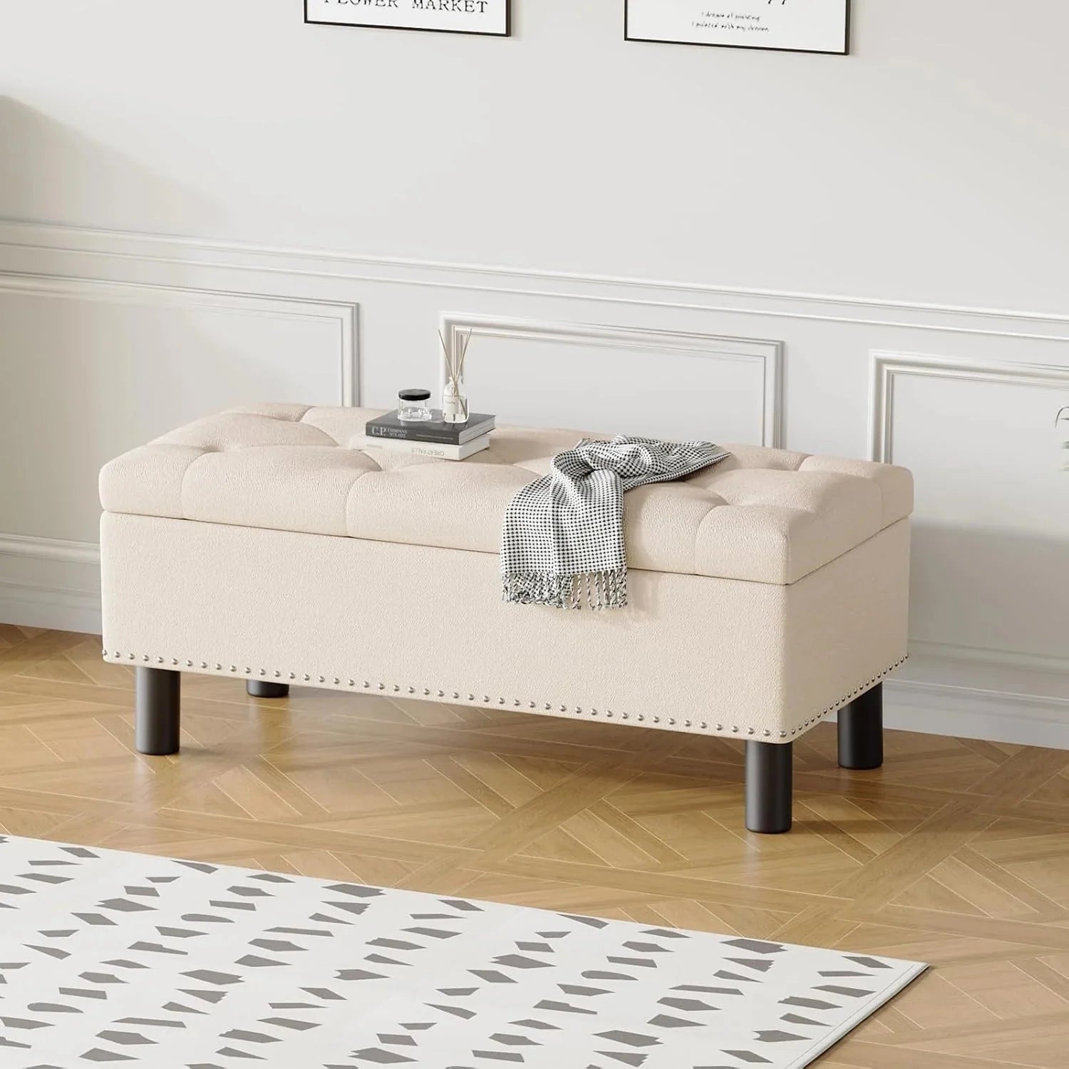 Furniliving Modern Storage Ottoman Bench, Sherpa Ottoman End of Bed Bench with Solid Wood Legs Upholstered Ottoman Benches with Storage Indoor Bench for Living Room with Rolled Arm, Entryway, White